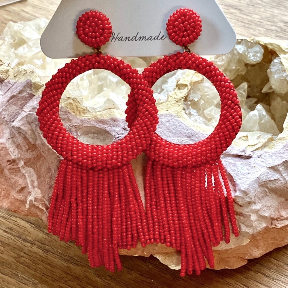 NWT Deepa Gurnani Beaded Hoop Fringe Chandeliers